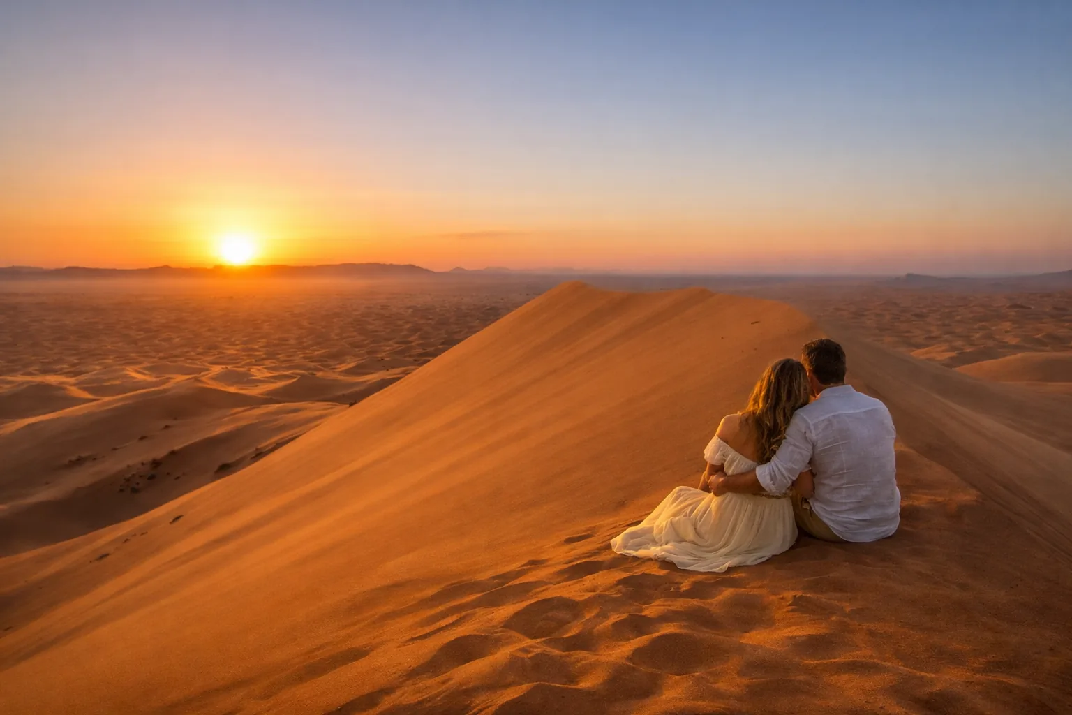 Pareja viendo la puesta de sol sobre las dunas del desierto de Merzouga